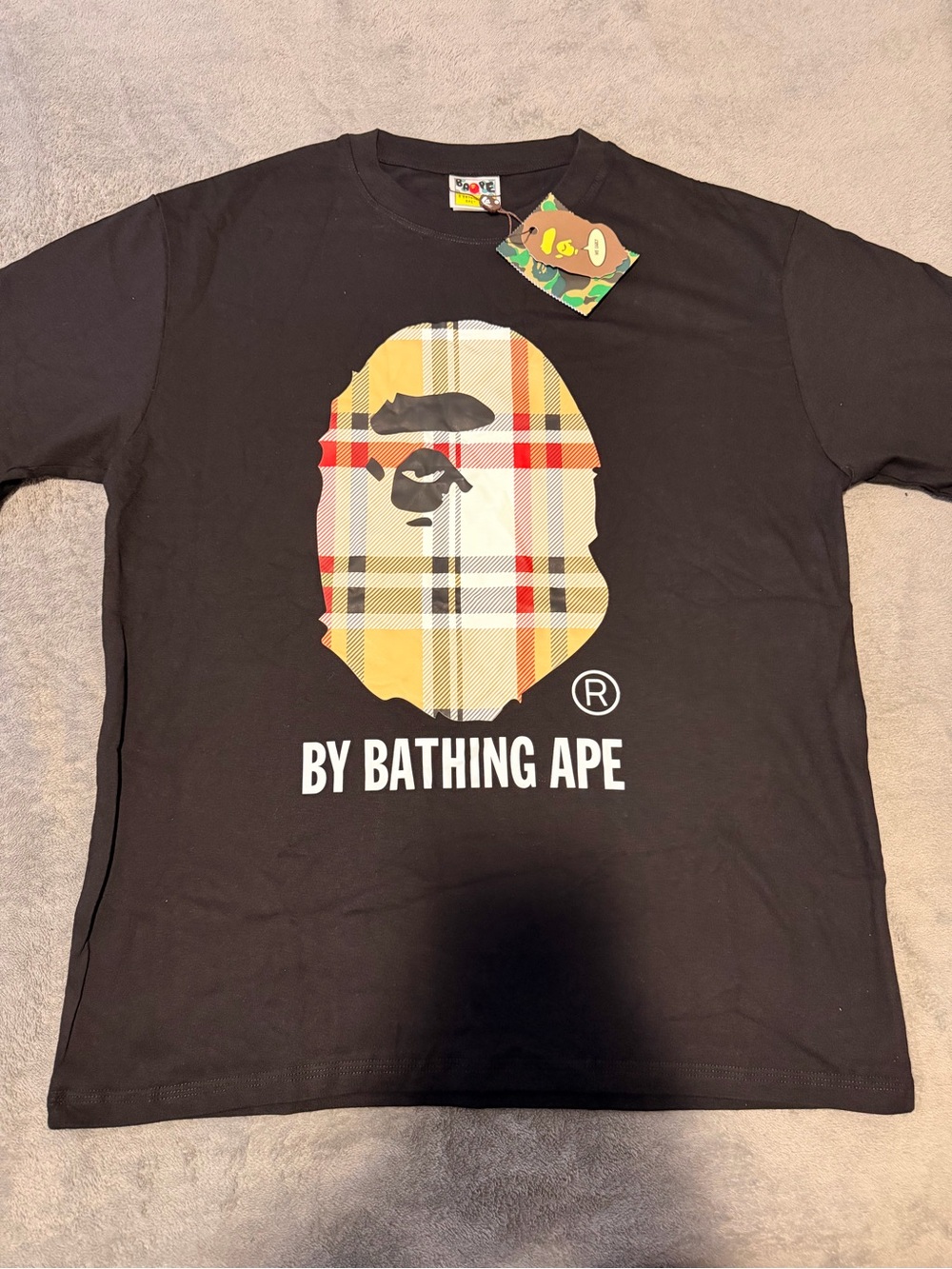 Bape Black T-Shirt with Yellow Plaid Ape Head